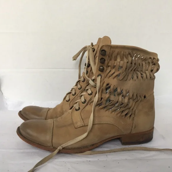 Barney's New York Brown Woven Leather Combat Boot 38.5 Lace up Bohemian Unique